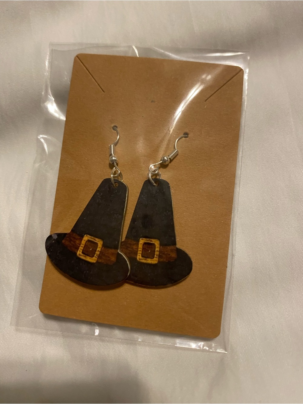 Hand Crafted Black Witch Hat Earrings with Gold Buckle